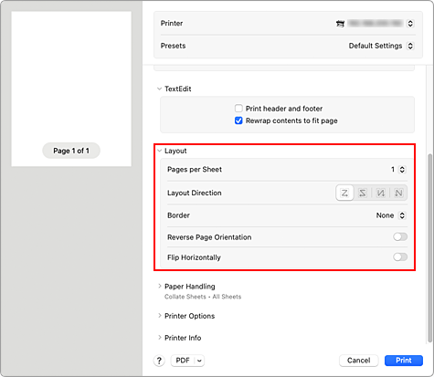 figure:Layout in the Print dialog