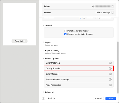 figure:Quality & Media in the Print dialog
