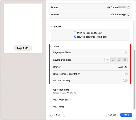 figure:Layout in the Print dialog