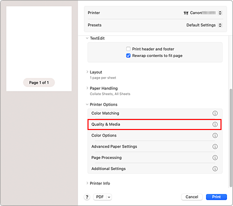 figure:Quality & Media in the Print dialog