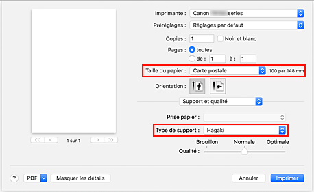 figure : Taille du papier et Type de support dans de la boîte de dialogue Imprimer