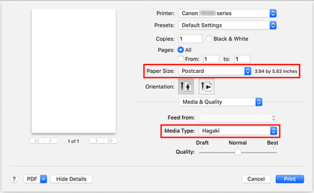 rysunek: Rozmiar papieru i Typ nośnika w oknie dialogowym drukowania.