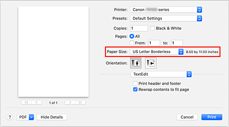 rysunek: W oknie dialogowym w menu Rozmiar papieru wybierz opcję XXX Bez obramowania.