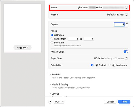figure: Printer in the print dialog