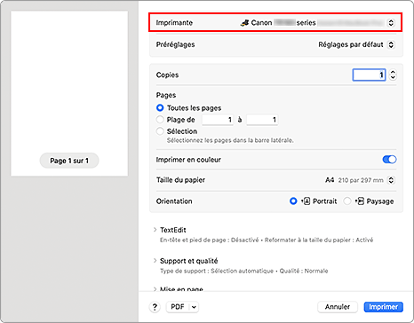 figure&nbsp;:&nbsp;Imprimante dans la boîte de dialogue d'impression