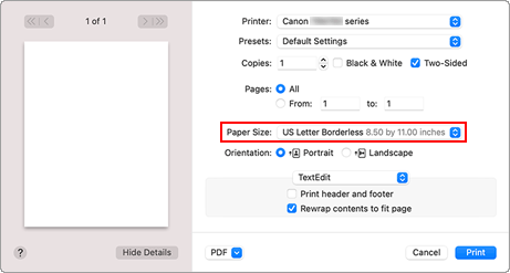 figure:Select XXX Borderless for Paper Size from the print dialog.