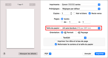 figure : Sélectionnez XXX (sans bordure) pour Taille du papier à partir de la boîte de dialogue d'impression.