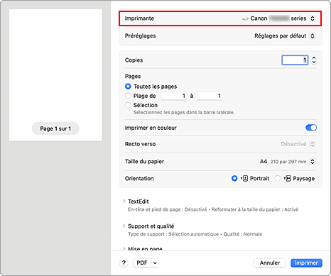 figure&nbsp;:&nbsp;Imprimante dans la boîte de dialogue d'impression