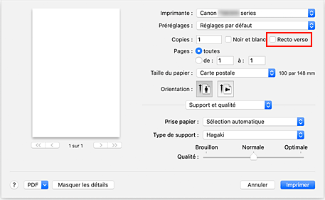 figure : Recto verso dans la boîte de dialogue Imprimer