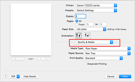 الشكل: الجودة والوسائط في مربع الحوار طباعة