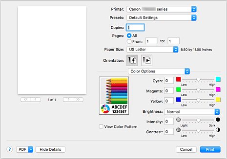 figur: Farveindstillinger i udskriftsdialogen