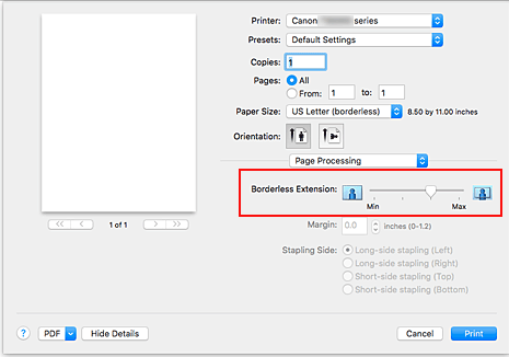 Abbildung: "Erweiterungsumfang" unter "Seitenverarbeitung" im Dialog "Drucken"