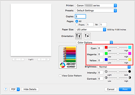 figure:Color balance of Color Options in the Print dialog