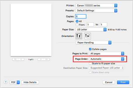 figure:Select Automatic from Page order of Paper Handling in the Print dialog