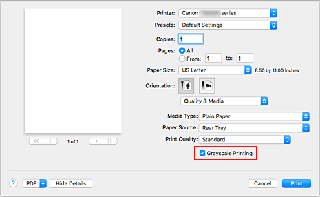 figure:Grayscale Printing of Quality & Media in the Print dialog