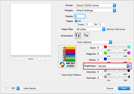 Imagen: Brillo de Opciones de color del cuadro de diálogo Imprimir