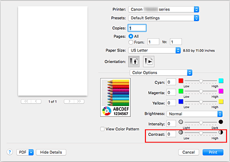 Imagen: Contraste de Opciones de color del cuadro de diálogo Imprimir