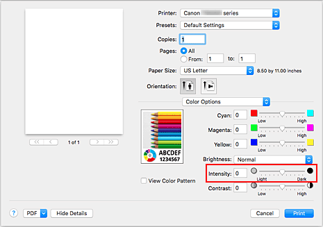 Imagen: Intensidad de Opciones de color del cuadro de diálogo Imprimir