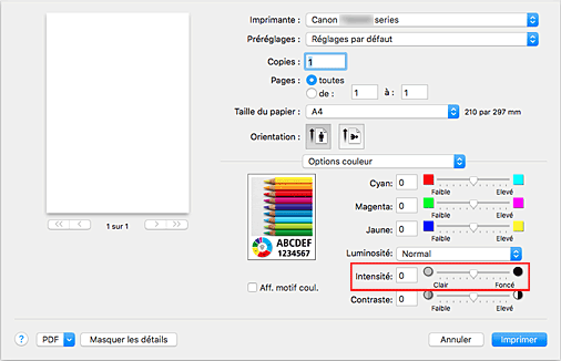 figure : Intensité des options de couleur dans la boîte de dialogue Imprimer