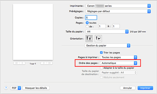 figure : Sélectionnez Automatique dans Ordre des pages pour Gestion du papier dans la boîte de dialogue Imprimer.