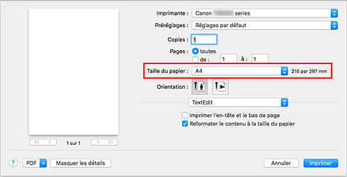 figure : Taille du papier dans la boîte de dialogue Imprimer