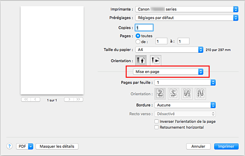 figure : Mise en page dans la boîte de dialogue Imprimer