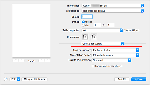 figure : Type de support dans Qualité et support de la boîte de dialogue Imprimer