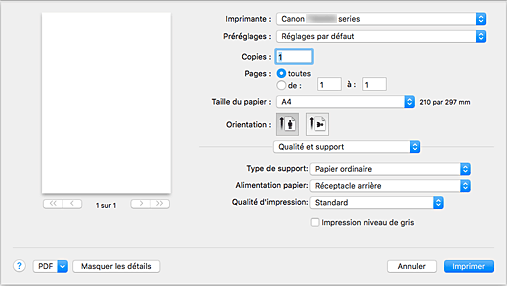 figure : Qualité et support dans la boîte de dialogue Imprimer