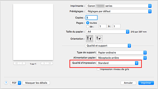 figure : Qualité d'impression dans Qualité et support de la boîte de dialogue Imprimer