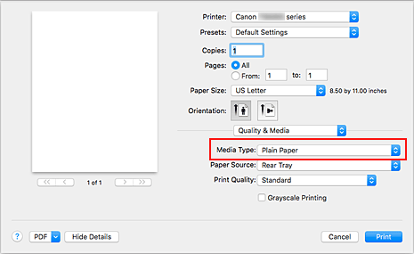 figur: Medietyp för Kvalitet och media i dialogrutan Skriv ut