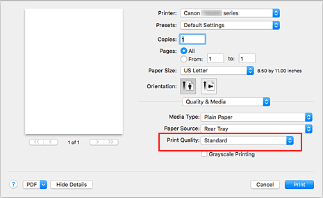 figur: Utskriftskvalitet för Kvalitet och media i dialogrutan Skriv ut