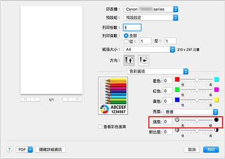 插圖：[列印]對話方塊中[色彩選項]的[強度]