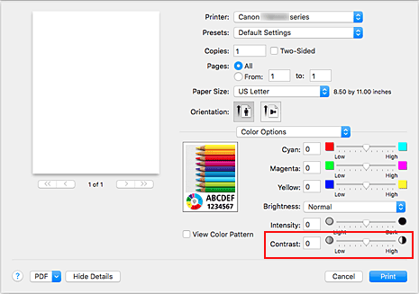 figure:Contrast of Color Options in the Print dialog