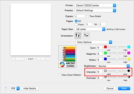 figure:Intensity of Color Options in the Print dialog