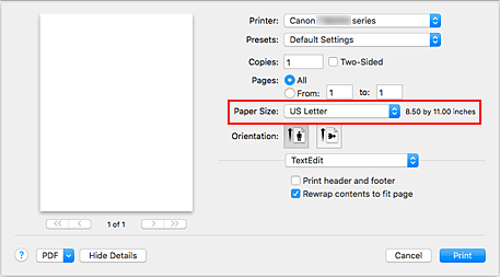 figure:Paper Size in the Print dialog