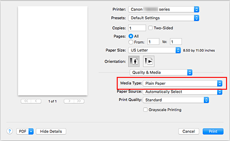 afbeelding: Mediumtype bij Kwaliteit en media in het dialoogvenster Afdrukken