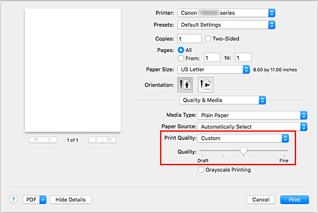figura:Selecione Personalizada em Qualidade de Impressão de Qualidade e Mídia na caixa de diálogo Imprimir