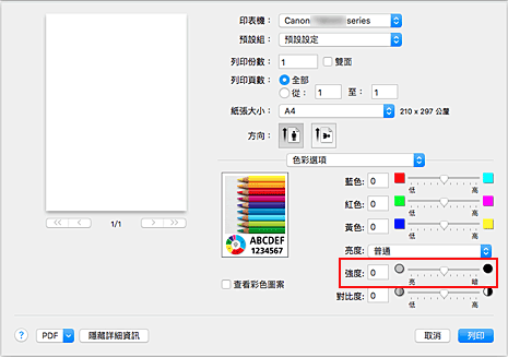 插圖：[列印]對話方塊中[色彩選項]的[強度]