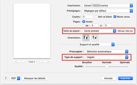 figure : Taille du papier et Type de support dans de la boîte de dialogue Imprimer