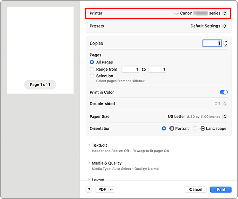 figure: Printer in the print dialog