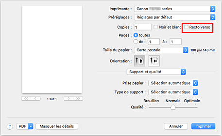 figure : Recto verso dans la boîte de dialogue Imprimer