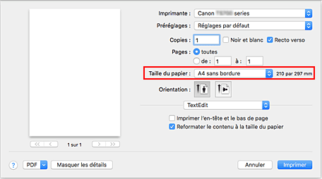 figure : Sélectionnez XXX (sans bordure) pour Taille du papier à partir de la boîte de dialogue d'impression.