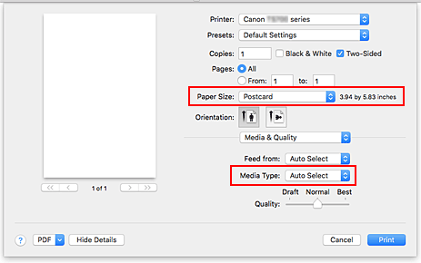 figur: Pappersstorlek och Medietyp i dialogrutan för utskrift