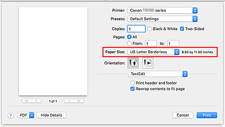 şekil: Yazdır iletişim kutusundan Kağıt Boyutu için XXX Kenarlıksız Seçimi