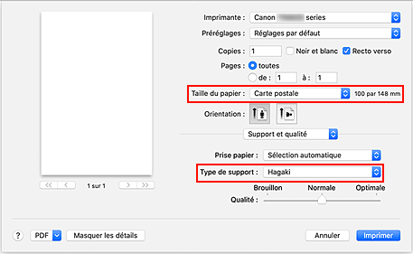 figure : Taille du papier et Type de support dans de la boîte de dialogue Imprimer