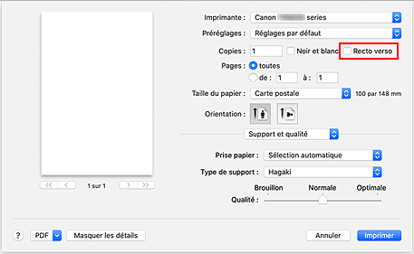 figure : Recto verso dans la boîte de dialogue Imprimer