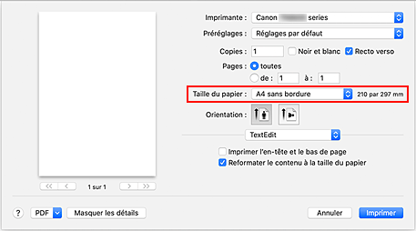 figure : Sélectionnez XXX (sans bordure) pour Taille du papier à partir de la boîte de dialogue d'impression.