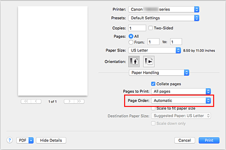 Abbildung: Auswahl von "Automatisch" für "Reihenfolge" unter "Papierhandhabung" im Dialog "Drucken"