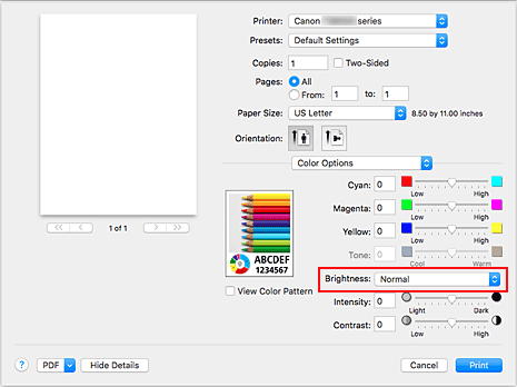 Imagen: Brillo de Opciones de color del cuadro de diálogo Imprimir