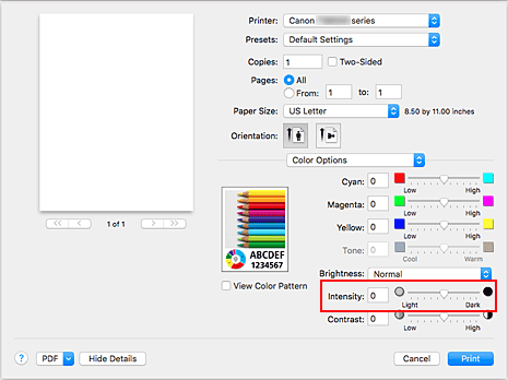 Imagen: Intensidad de Opciones de color del cuadro de diálogo Imprimir